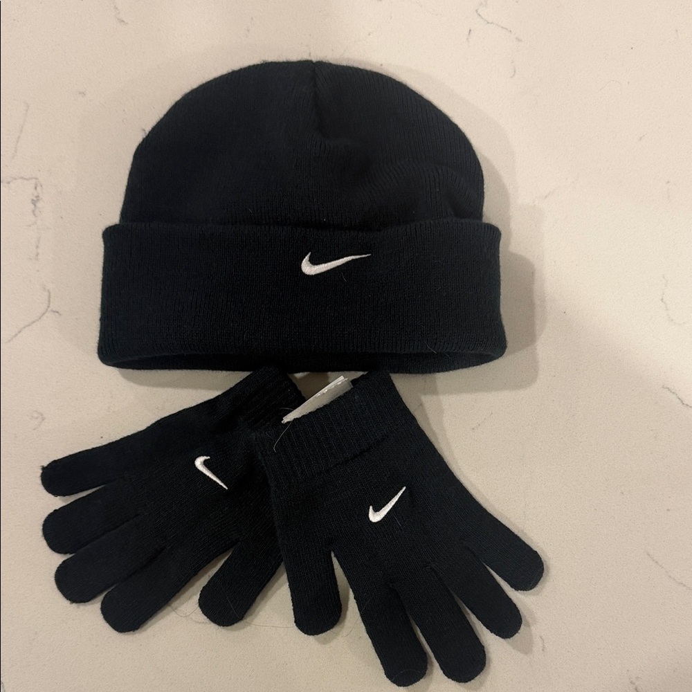 Nike Black Knit Beanie and Gloves Set